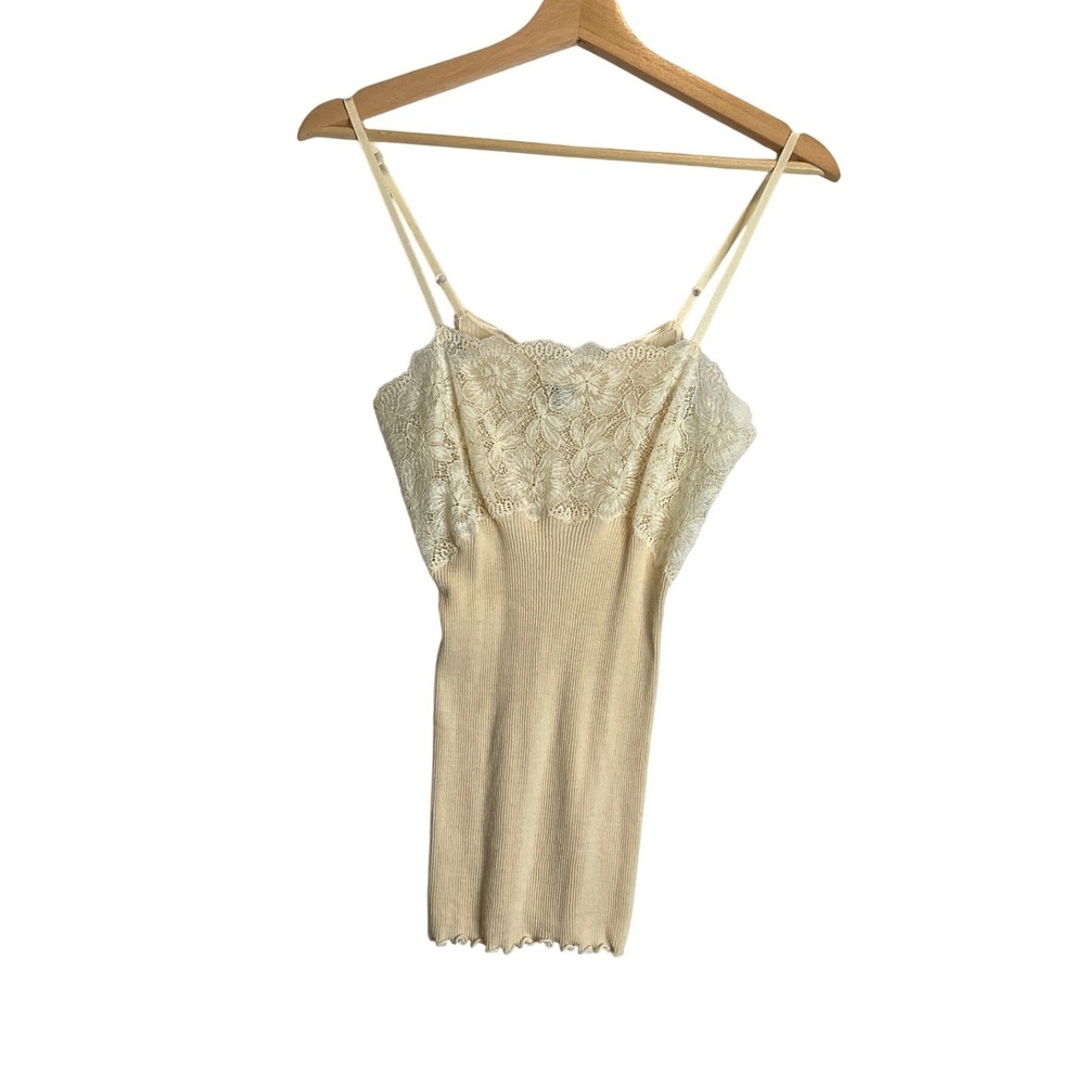 Vtg Oscalito Linen Silk Tank Top Lace RIbbed Stretch Lettuce Hem Shell Italian